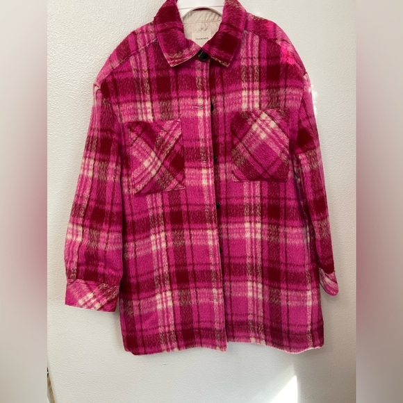 7Diamonds Hayden Longline Wool Blend Pink Plaid Womens Jacket Shacket Size S - Picture 2 of 13